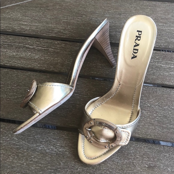 Prada Shoes - PRADA Kitten Heel Mule Sandal Gold Wood Ring 38